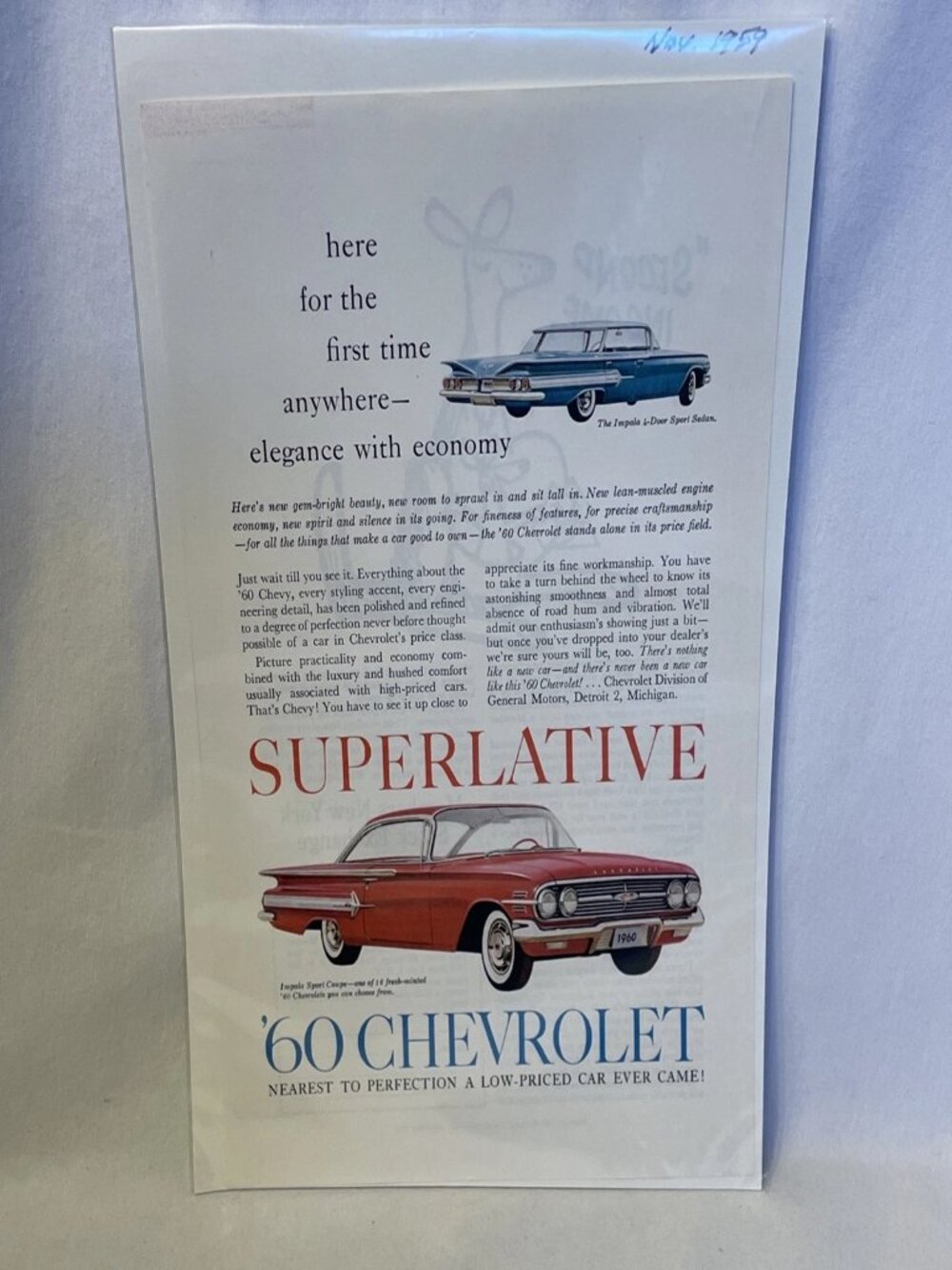 1960 Chevrolet Impala Ad 1959 Vintage Print Original Car Decor Sport Sedan 60s - Picture 8 of 9